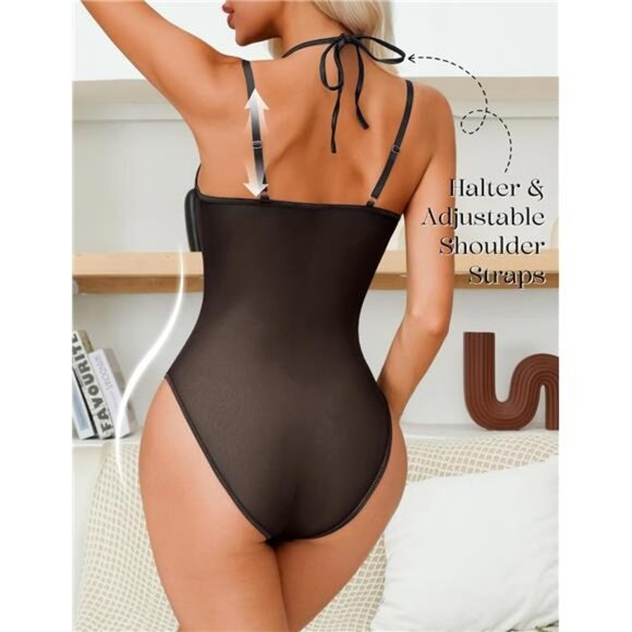 Women Teddy Lingerie Sexy Snap Crotch Lace Bodysuit Black - Picture 4 of 6